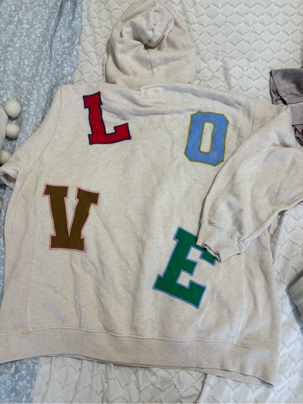 Aerie LOVE Letter Patch Hoodie in Oatmeal